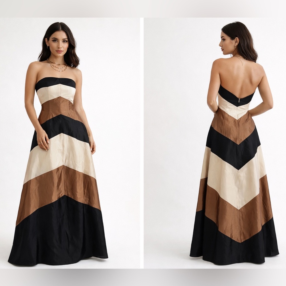 Jessica McClintock Vintage Satin Strapless Black, Cream & Brown Gown Sz. 2